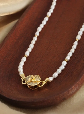 缘绘凤仪 淡水珍珠轻奢铜材质吊坠镶钻玫瑰花手工串珠项链高级感