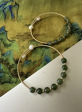 缘绘凤仪 天然和田玉 淡水珍珠 包金14K金线缠绕软手环 手镯