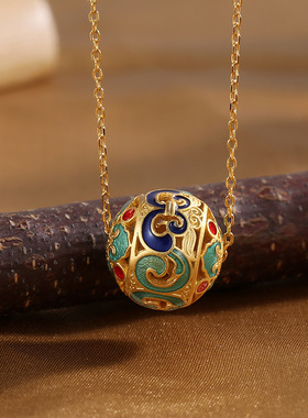 缘绘凤仪 S925纯银项链民族风烧蓝四方祥和如意珠240129