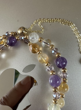 天然发晶黄水晶紫水晶小葫芦镂空花丝球 双圈手链