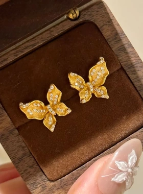 缘绘凤仪 轻奢风S925银拉丝蝴蝶项链微镶锆石复古感拉丝蝴蝶耳钉