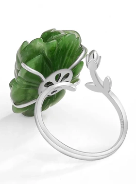 缘绘凤仪 天然和田玉碧玉菠菜绿莲花开口戒指S925银镶女戒指环