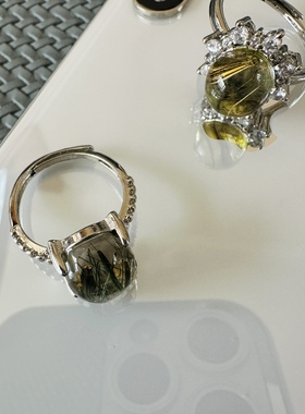 缘绘凤仪  37天然绿幽灵黄发晶水晶戒指 铜镀银开口男女 一物一图