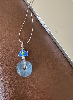 缘绘凤仪S925纯银蛇骨链 纯银烧蓝蓝莲花 海蓝宝平安扣吊坠项链