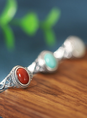 缘绘凤仪 南红玛瑙戒指蛋面和田玉女款祥云s925银镶嵌活口