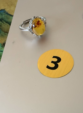 缘绘凤仪天然蜜蜡花珀开口戒指女款 镀银镶嵌 主石13*9 实物拍摄