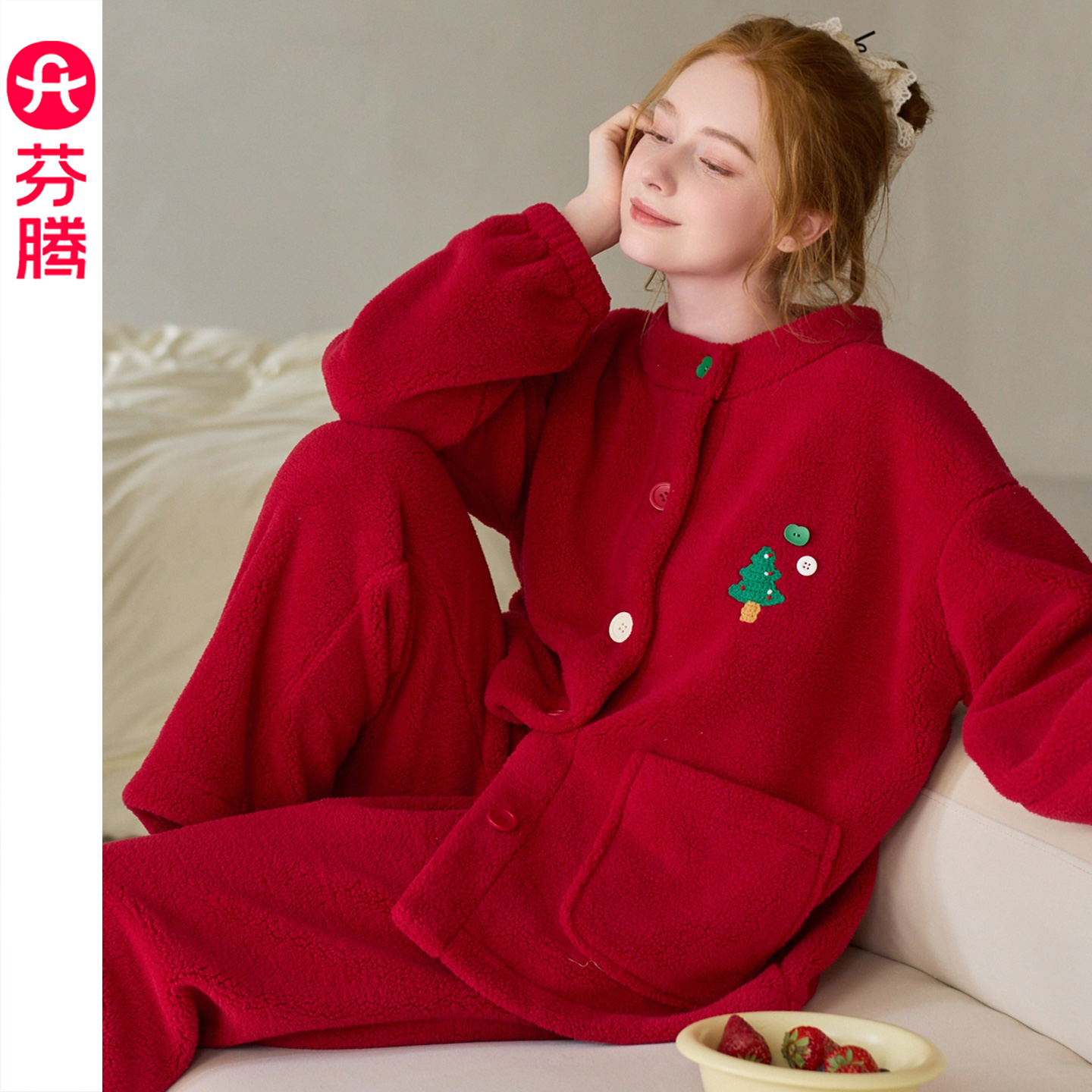 芬腾大红珊瑚绒睡衣女秋冬加绒加厚圆领大口袋外穿家居服套装2025