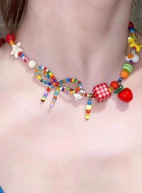 多巴胺彩色蝴蝶结项链适合旅游度假拍照的锁骨链蓝色清新小众颈链