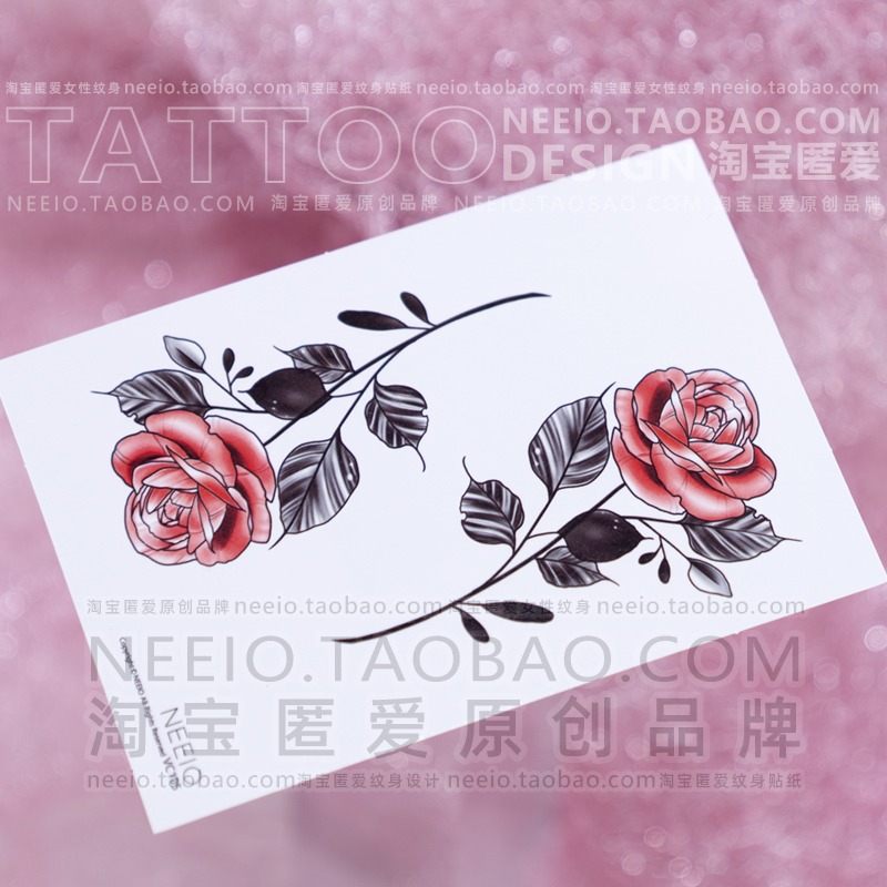 neeio 红色玫瑰花朵 性感脚踝原创纹身贴个性防水女文身贴纸持久 - 图1