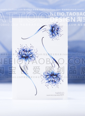 neeio蓝色彼岸花 原创古风花朵小腿部脚踝锁骨纹身贴高级防水女