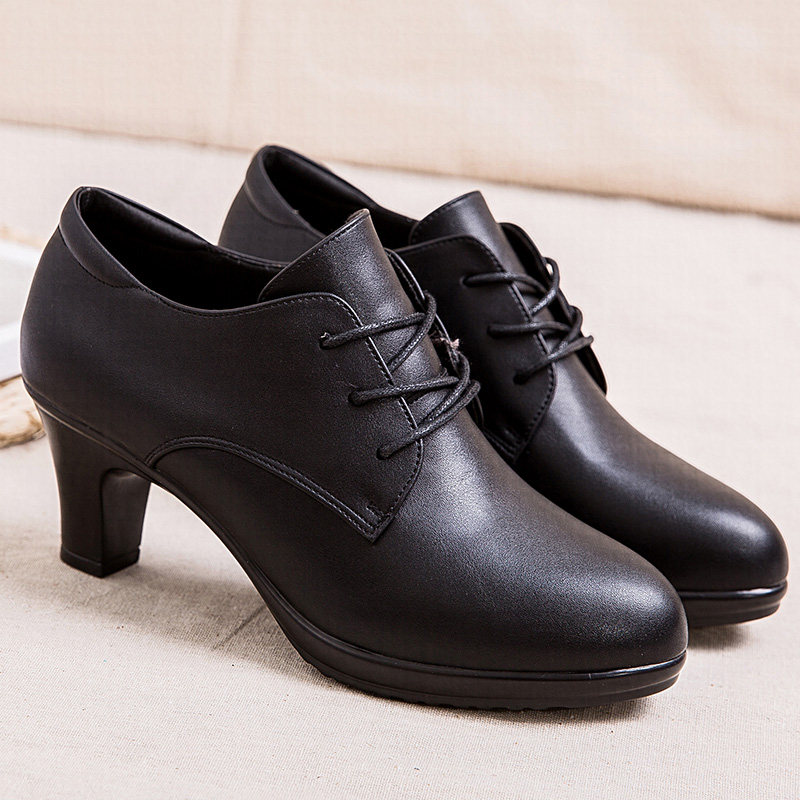 秋冬季黑色高跟鞋女工作鞋中跟粗跟职业深口单鞋系带皮鞋空乘女鞋,淘宝优惠券,粉丝福利购,淘宝优惠卷