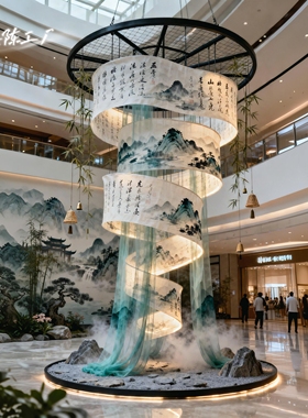 新中式卷轴吊饰景区美陈商场中庭山水装置酒店古风悬挂打卡道具