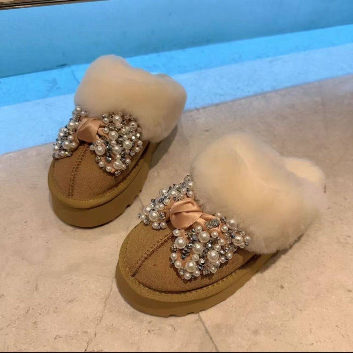 毛毛拖鞋2025冬季新款水钻蝴蝶结女鞋厚底雪地棉磨砂皮包头拖鞋潮,淘宝优惠券,粉丝福利购,淘宝优惠卷