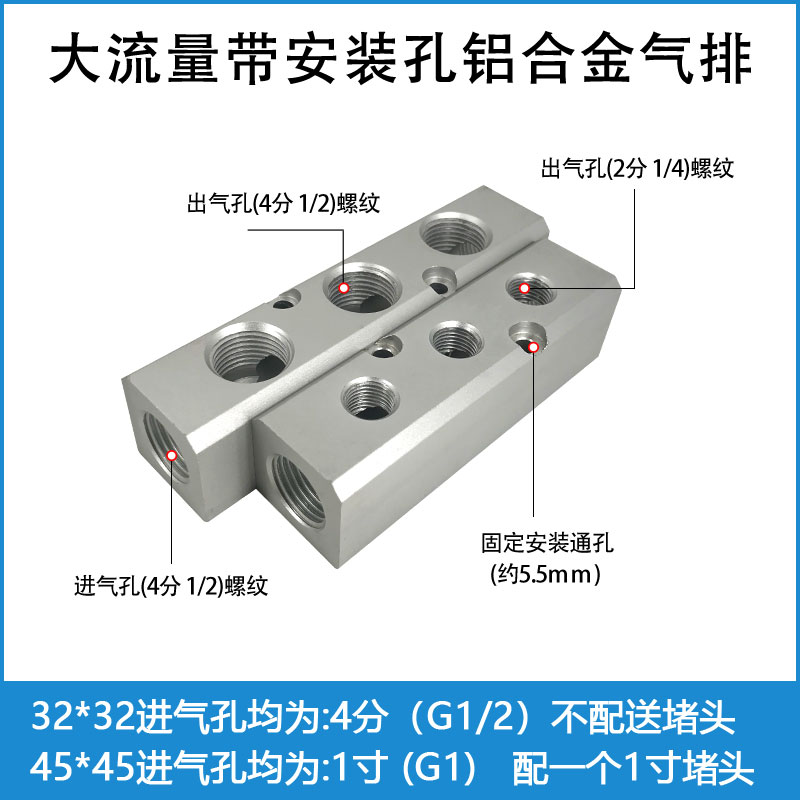 大流量气排带安装孔铝合金分配器多管路分流气排4分1/2 1寸进气孔 - 图1