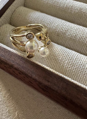 西班牙风情波西米亚复古水晶极光澳白色珍珠镀金多层戒指高级感