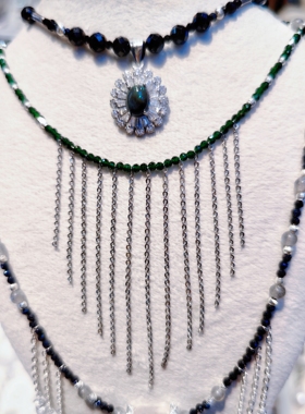 西班牙风情波西米亚人天然黑尖晶绿欧泊镶钻吊坠项链手链两戴