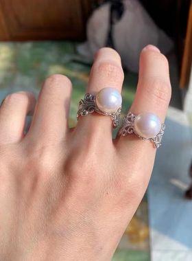 复古蕾丝银托极光琉璃珍珠戒指