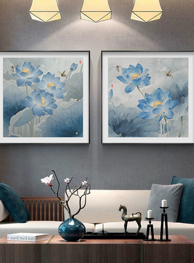 蓝色荷韵客厅装饰画新中式沙发背景墙挂画好寓意餐厅书房茶室壁画