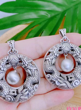 新款999纯银双龙戏珠吊坠男女复古民族风生肖龙圆牌挂件个性小众