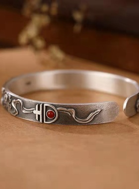 999纯银吉象男女手镯实心复古祥云个性做旧小象手环足银开口镯子