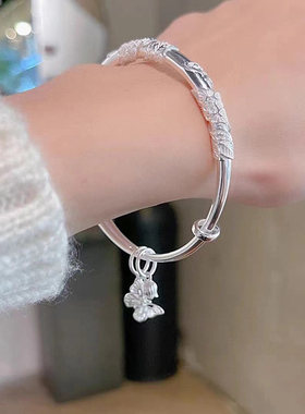银手镯女9999纯银繁花铃兰蝴蝶