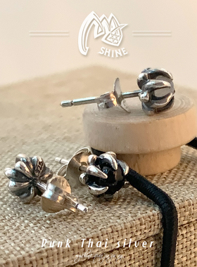 myshine俏金族莲花镶嵌款925银耳钉男女小巧睡莲造型进口泰银三色