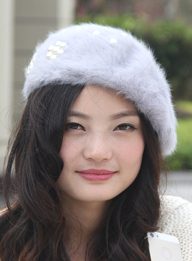 韩版秋冬兔毛帽子女士贝雷帽保暖护耳帽画家帽兔毛针织珍珠毛线帽