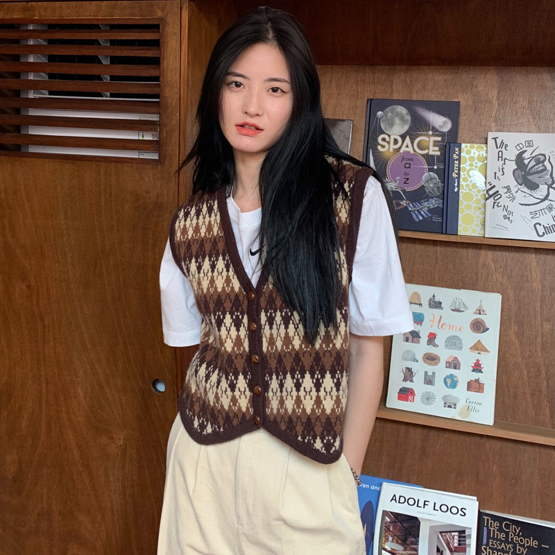 EAL楠涛复古格子背心洋气宽松无袖秋毛衣V领针织马甲开衫女ST159 - 图0