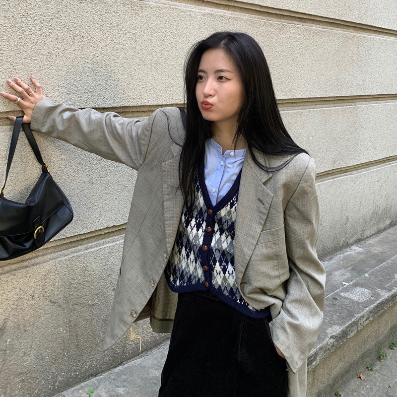 EAL楠涛复古格子背心洋气宽松无袖秋毛衣V领针织马甲开衫女ST159 - 图1