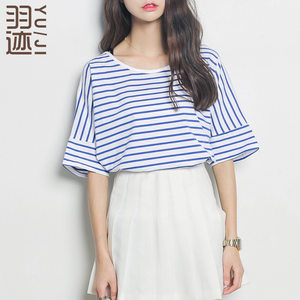 EAL羽迹2020夏季大码纯棉宽松海军风短袖圆领条纹T恤女装M326