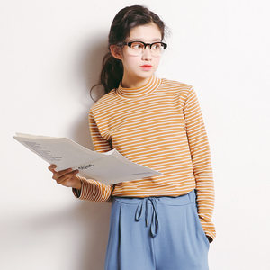 EAL羽迹2020春季弹力韩版修身打底衫条纹上衣半高领长袖女T恤A281