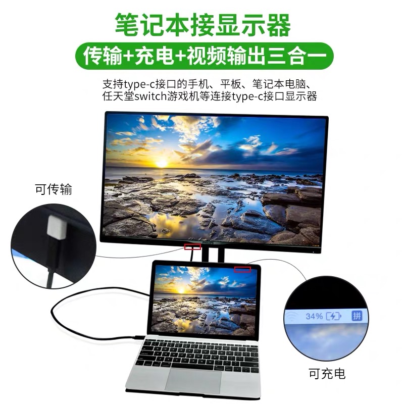 便携式显示器双头type-c数据线usb3.1gen2笔记本一线通快充公对公-图1