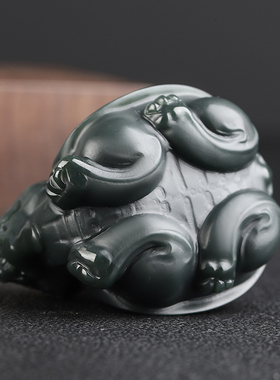 新疆和田玉黑塔青玉龙龟摆件茶宠