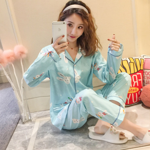 棉布睡衣女长袖套装薄款春秋全棉布可爱梭织棉加大码睡衣家居服 - 图0