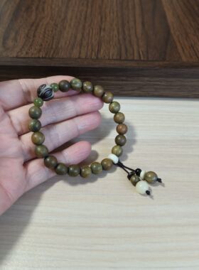 天然阿根廷老绿檀木菩提莲花手串两戴流苏坠木质男女手链单圈8mm
