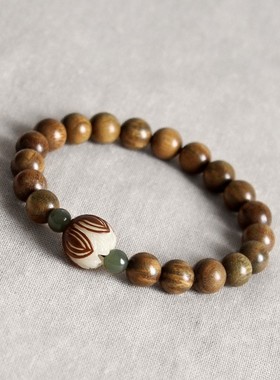 天然绿檀木菩提莲花和田玉珠8mm男女单圈手链饰品念珠情侣手串