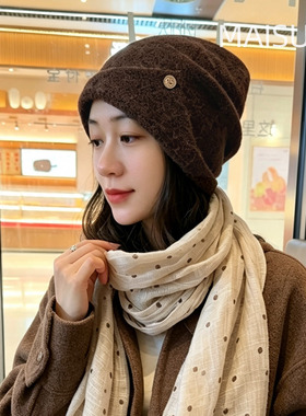 秋冬复古纽扣针织帽女显脸小帽子