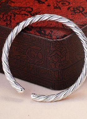 足银9999编织麻花圆棍开口实心手环时尚OL小众年轻款纯银手镯