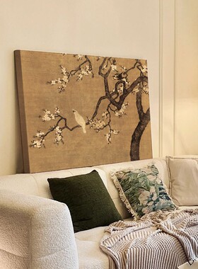 杏花双雉横版床头装饰画中古风