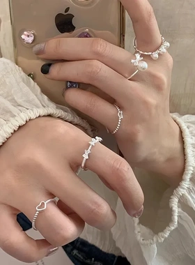 S925纯银爱心珍珠戒指女轻奢高级感气质素圈开口戒食指戒洋气指环