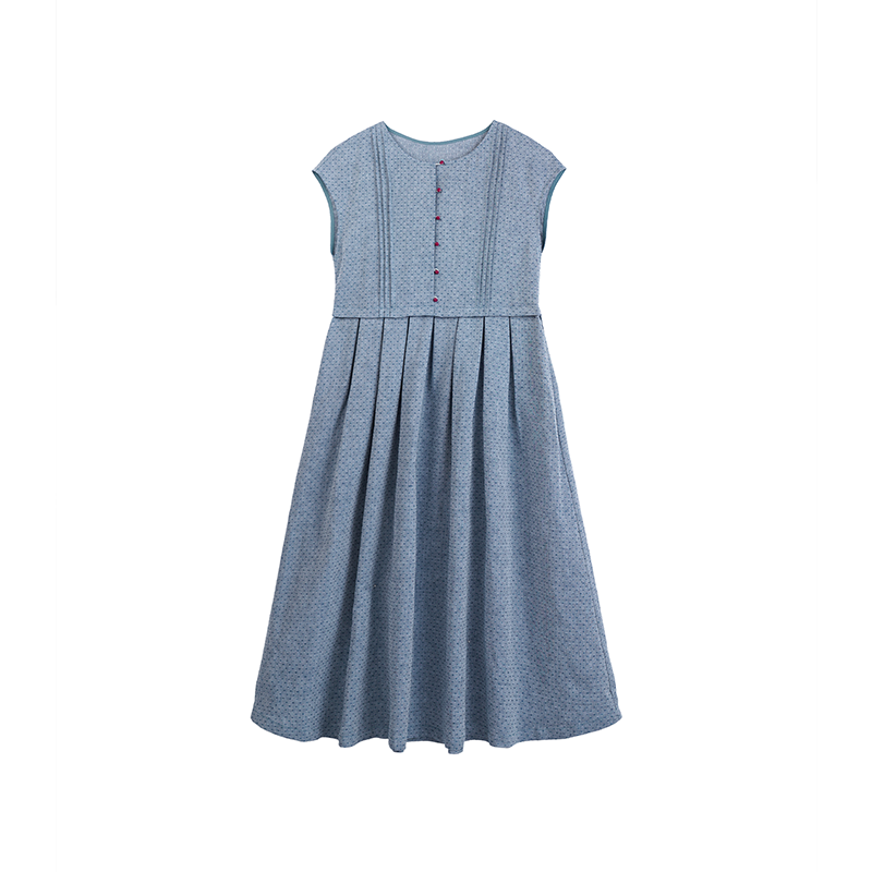 ECRU SOLI 素白已然 复古优雅 棉麻波点提花 蓝色褶裥 短袖连衣裙 - 图3
