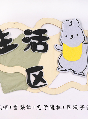 幼儿园卡通兔子区域牌挂饰区角标识牌环创装饰布置木质进区牌吊饰