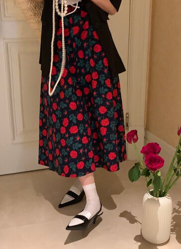 春夏复古玫瑰印花a字中长款高腰法式碎花纯棉半身蓬蓬裙女-图0