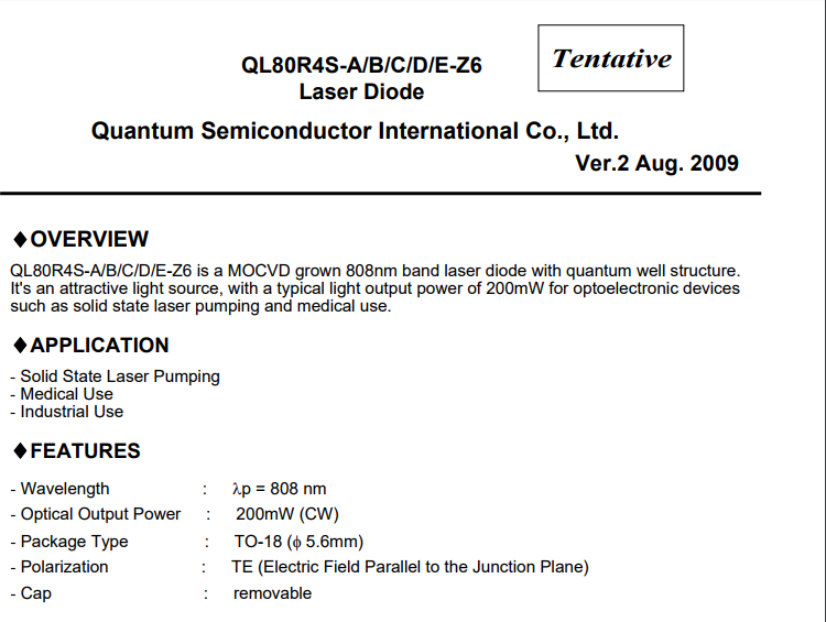QL80R4SD-Z6  808nm 200mw红外脉冲激光二极管 原装进口 现货供应 - 图0