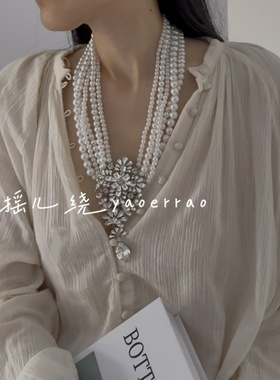 仿珍珠多层赫本长项链颈链闪钻
