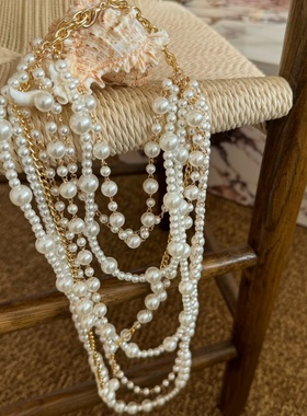 多层仿珍珠串珠项链毛衣链条