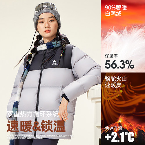 骆驼火山羽绒服女2025冬季新款情侣保暖鸭绒连帽羽绒衣外套 - 图1