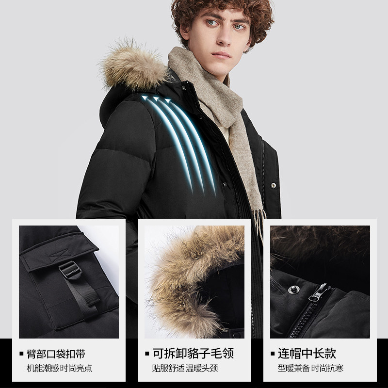 骆驼男装冬季极寒连帽中长款羽绒服 骆驼男装羽绒服