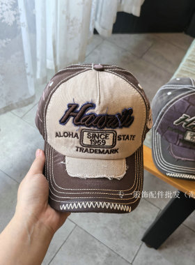 美式复古做旧牛仔红色棒球帽