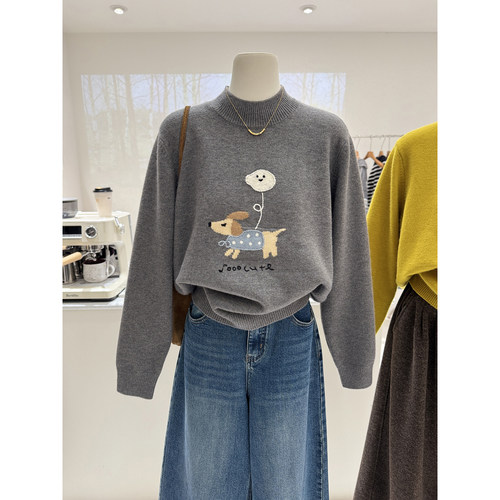 卡通小狗提花韩系冬季新款半高领宽松显瘦软糯套头针织毛衣女休闲 - 图3